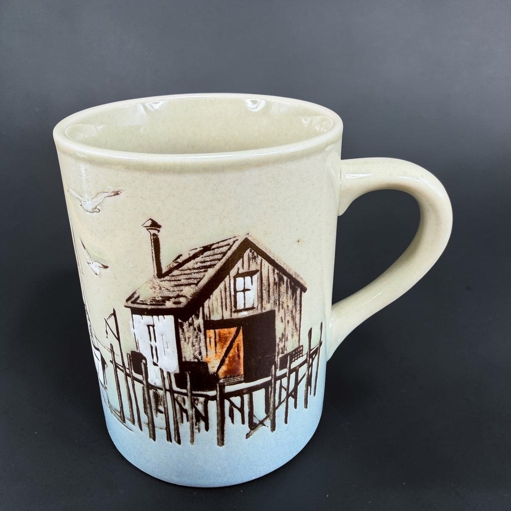 Otagiri Vintage 1980s Nautical Stoneware Mug Coastal Seagulls Blue Beige 4in